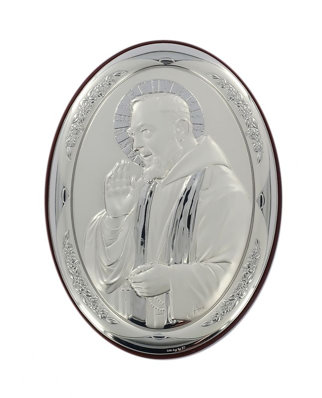 quadretto da parete o appoggio padre pio, argento e legno, 13 x 18 cm