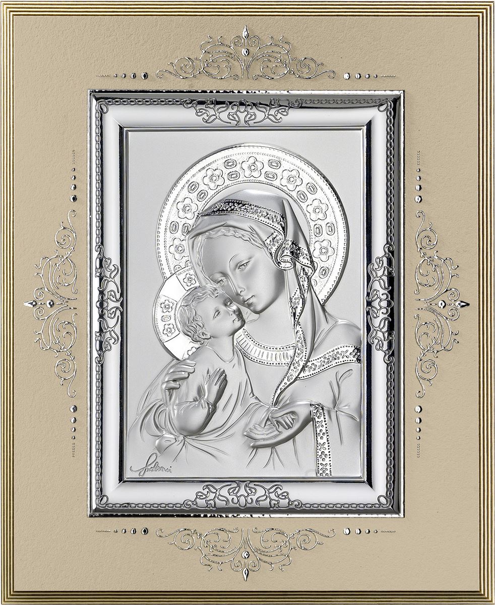 icona madonna col bambino in argento 925 e legno - 10,4 x 8,5 cm