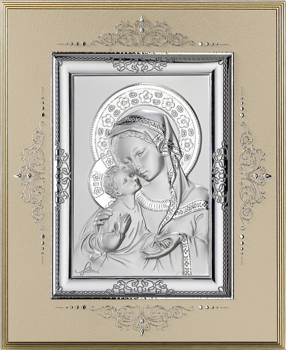 icona madonna col bambino in argento 925 e legno - 19,5 x 24 cm