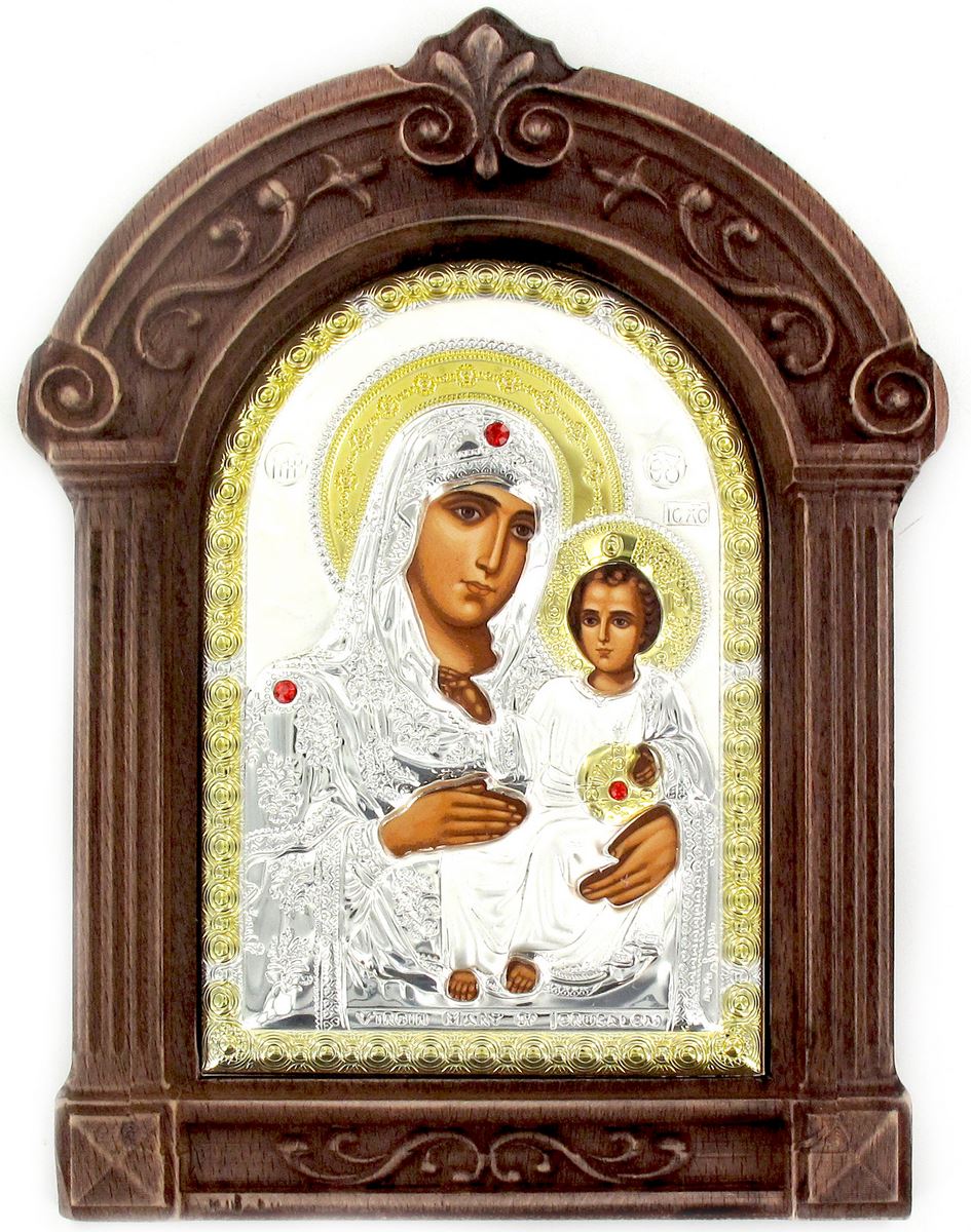 icona madonna di gerusalemme greca a forma di arco con lastra in argento e cornice in legno - 24 x 16 cm