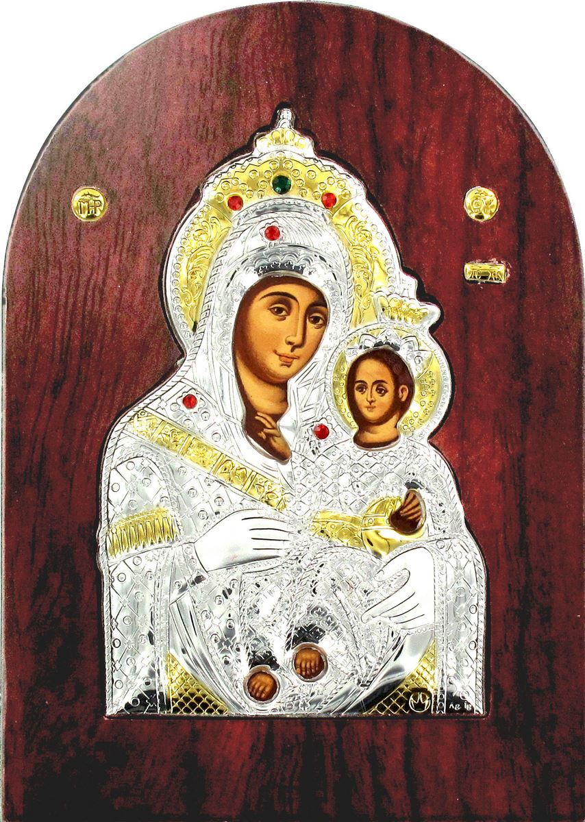 icona madonna di betlemme greca a forma di arco in argento con dettagli in oro e cristalli - 20 x 15 cm