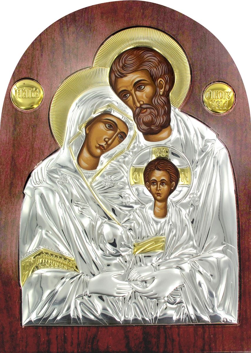 icona sacra famiglia greca a forma di arco in argento con dettagli in oro e cristalli - 20 x 15 cm