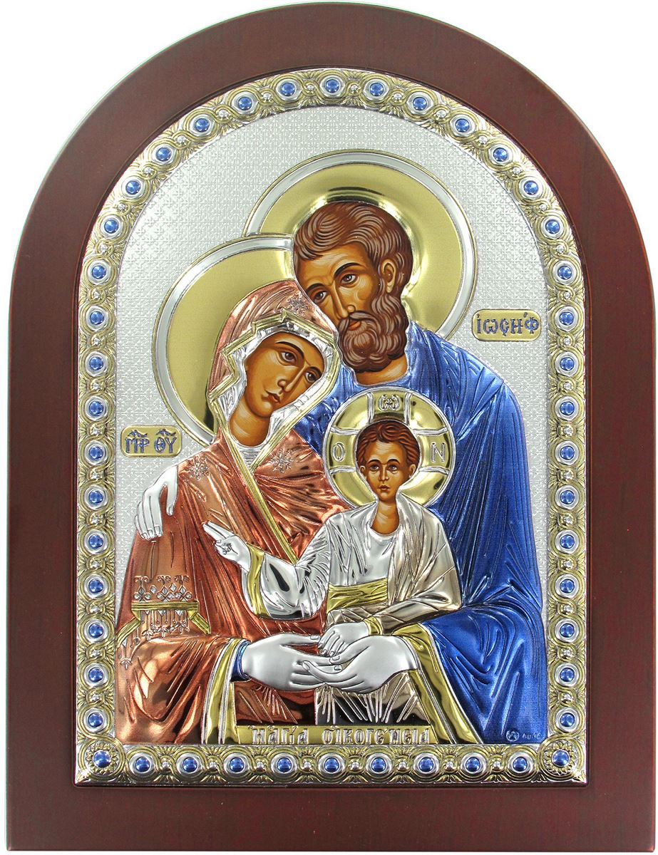icona sacra famiglia greca a forma di arco con lastra in argento - 10 x 14 cm