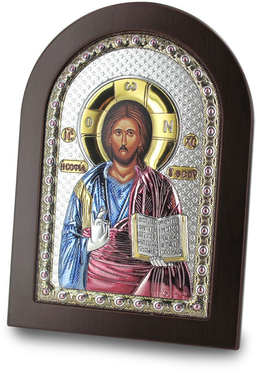 icona cristo con libro aperto greca a forma di arco con lastra in argento - 10 x 14 cm