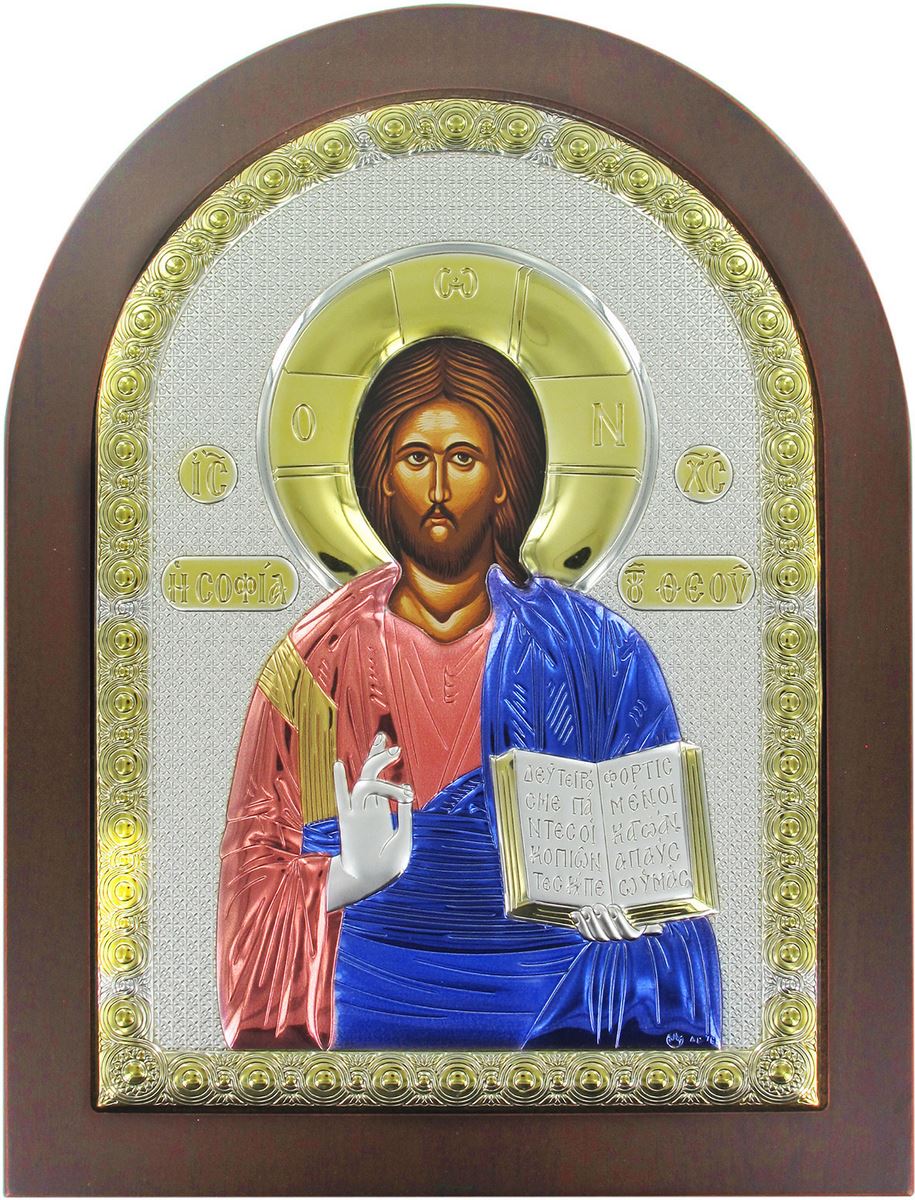 icona cristo con libro aperto greca a forma di arco con lastra in argento - 20 x 26 cm