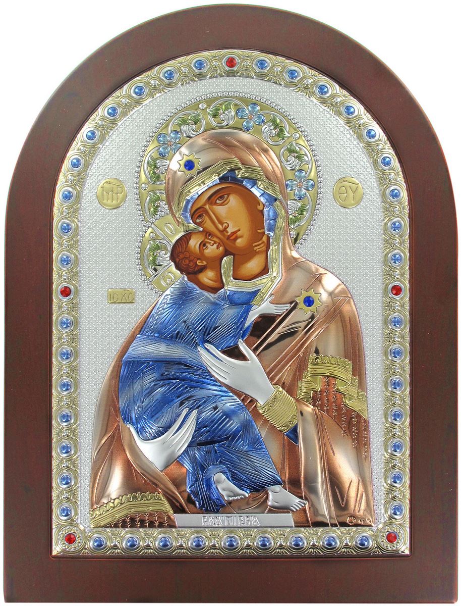 icona madonna di vladimir greca a forma di arco con lastra in argento - 10 x 14 cm