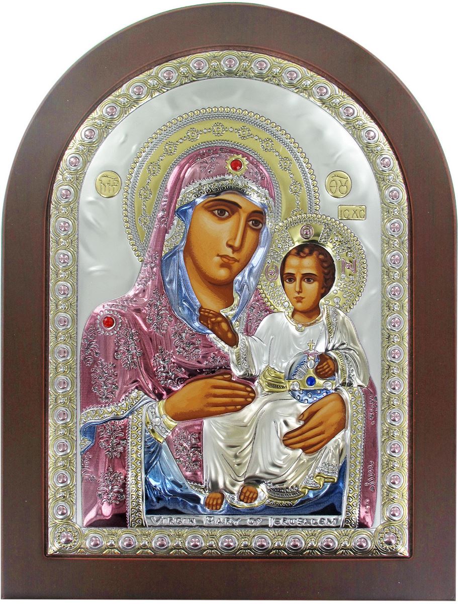 icona greca madonna di gerusalemme con lastra in argento a forma di arco - 10 x 14 cm