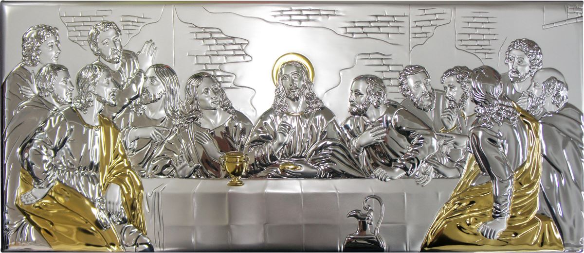 quadro ultima cena con lastra in argento 925 - bassorilievo - 17 x 38,5 cm
