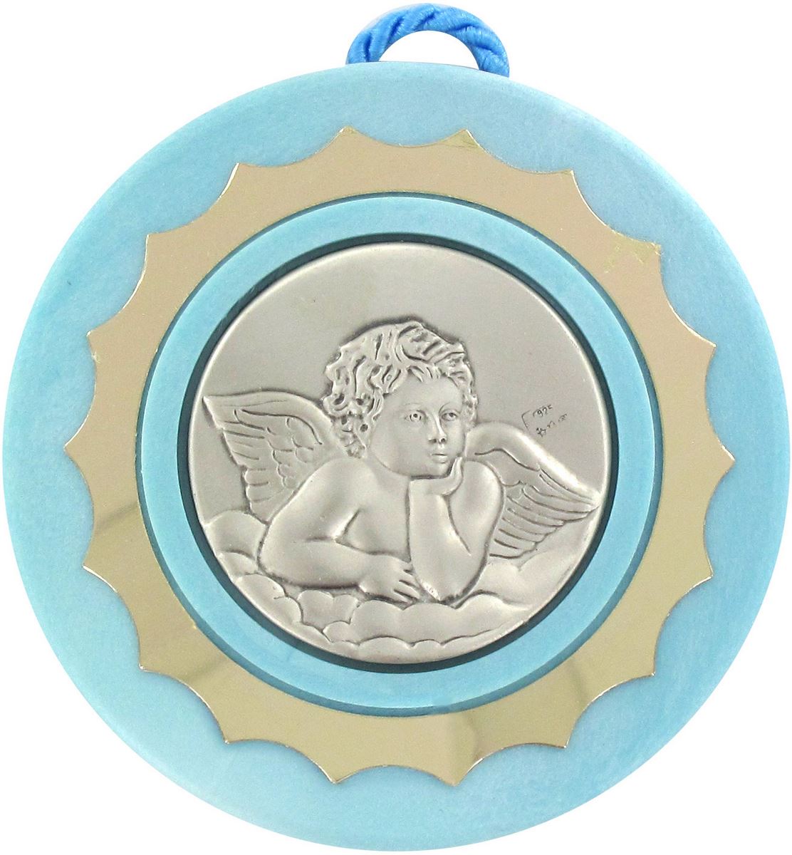 sopraculla in argento 925 raffigurante un angioletto (azzurro) Ø 9 cm
