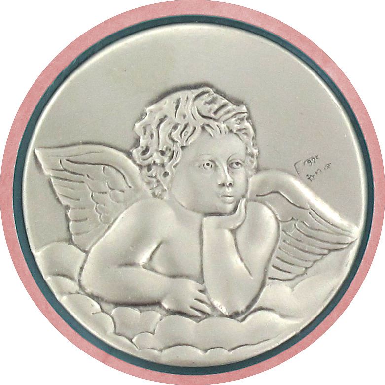 sopraculla in argento 925 raffigurante un angioletto (rosa) Ø 9 cm