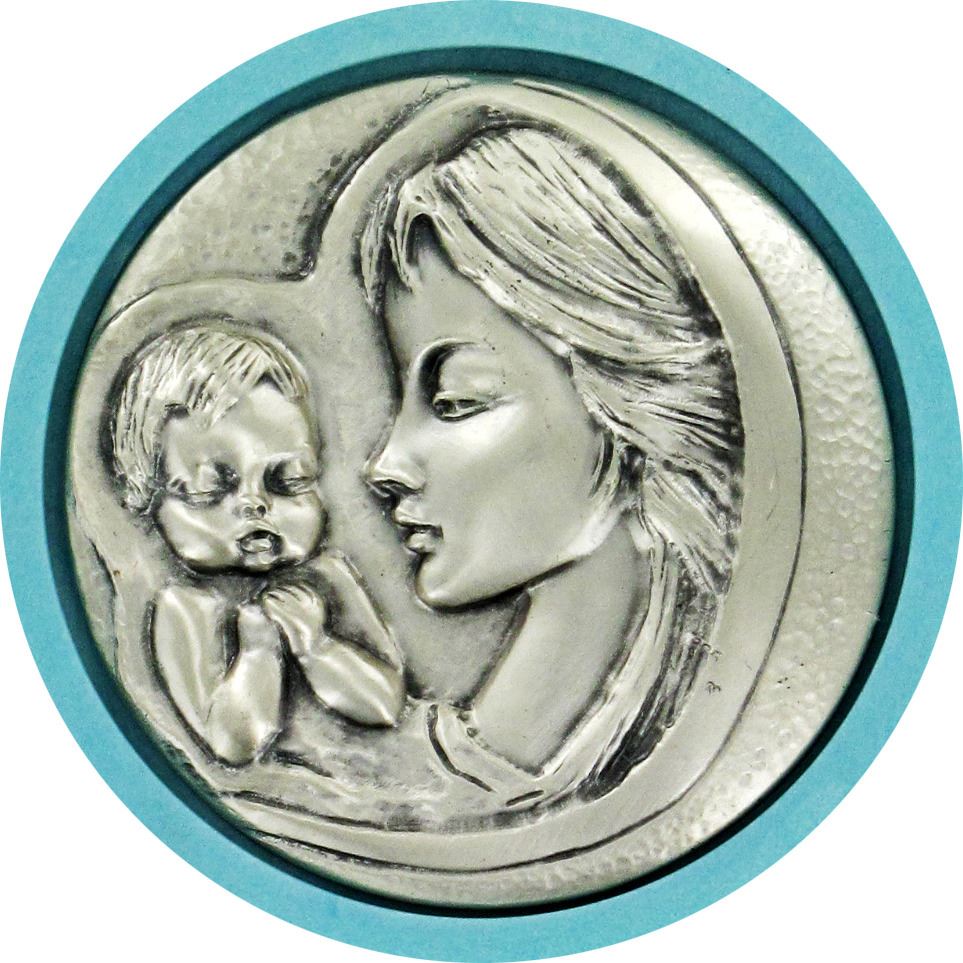 sopraculla in argento 925 raffigurante la madonna col bambino (azzurro) Ø 9 cm