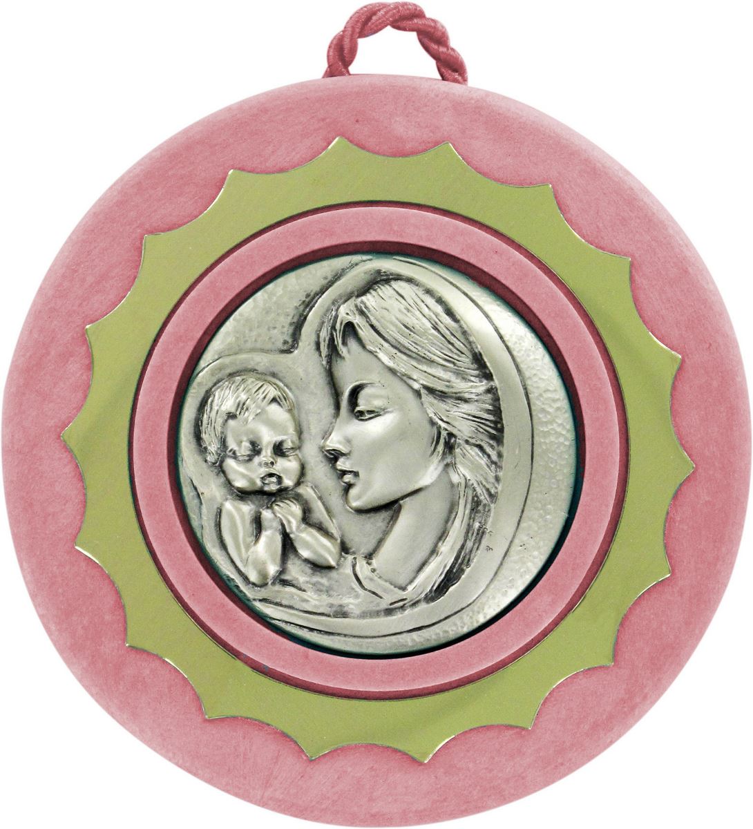 sopraculla in argento 925 raffigurante la madonna col bambino (rosa) Ø 9 cm