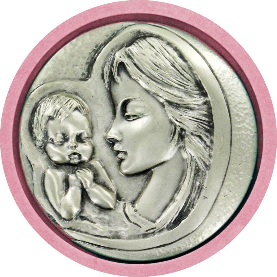 sopraculla in argento 925 raffigurante la madonna col bambino (rosa) Ø 9 cm