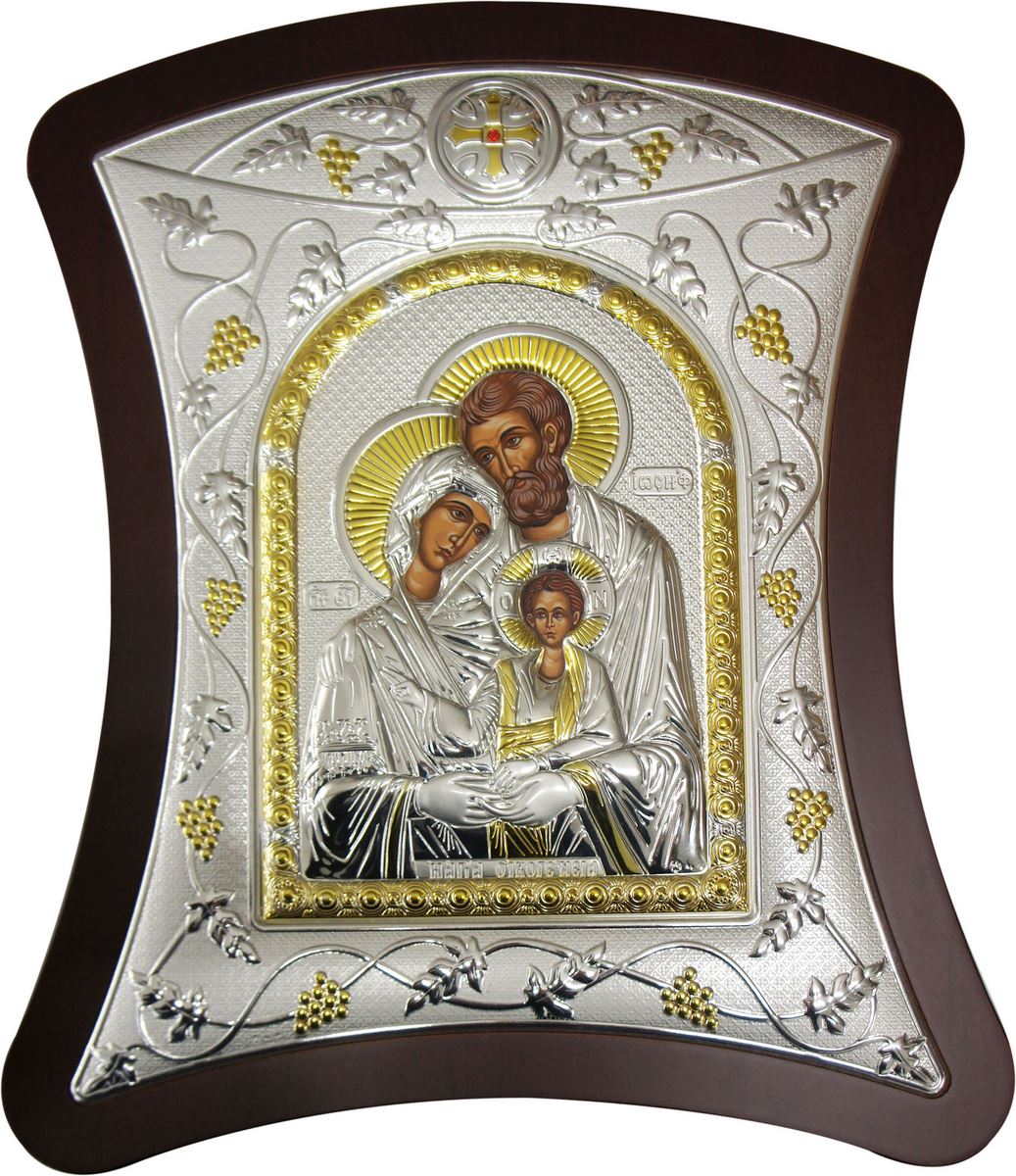 icona sacra famiglia con lastra in argento - 32,5 x 36 cm 