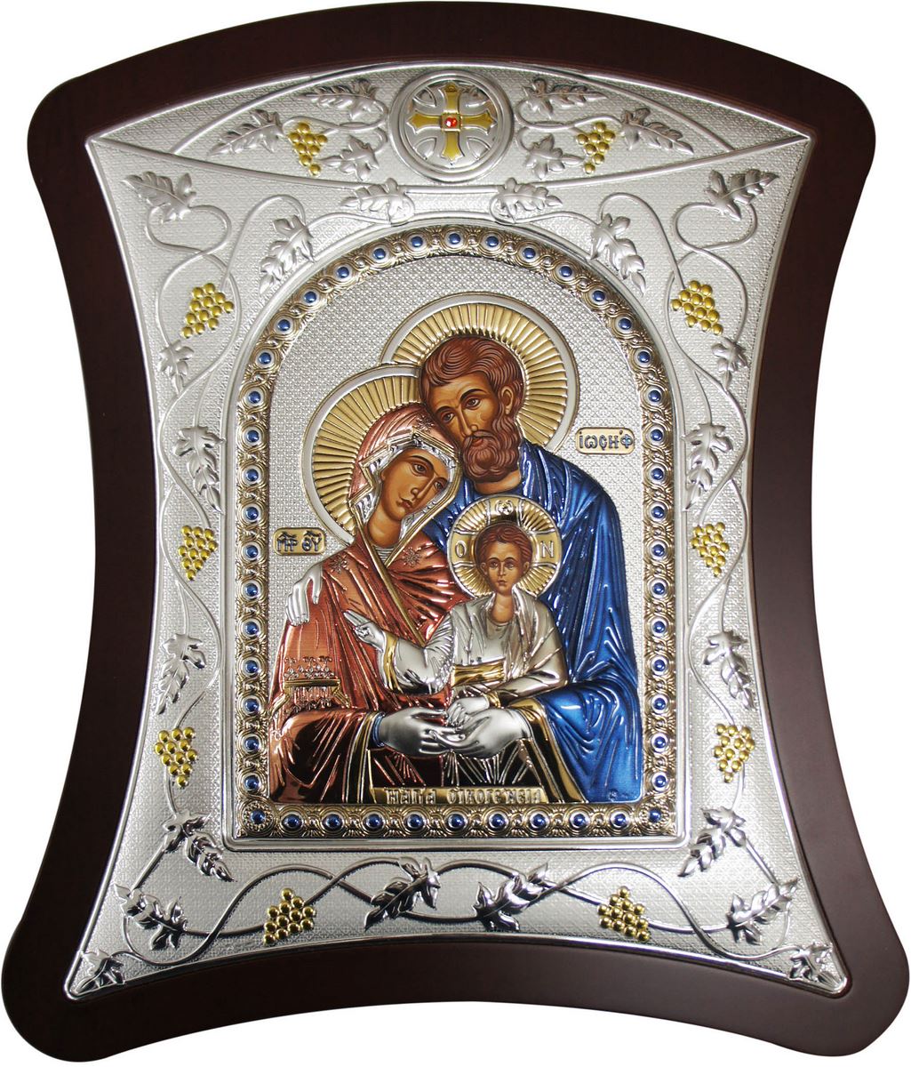 icona sacra famiglia con lastra in argento colorata - 32,5 x 36 cm 