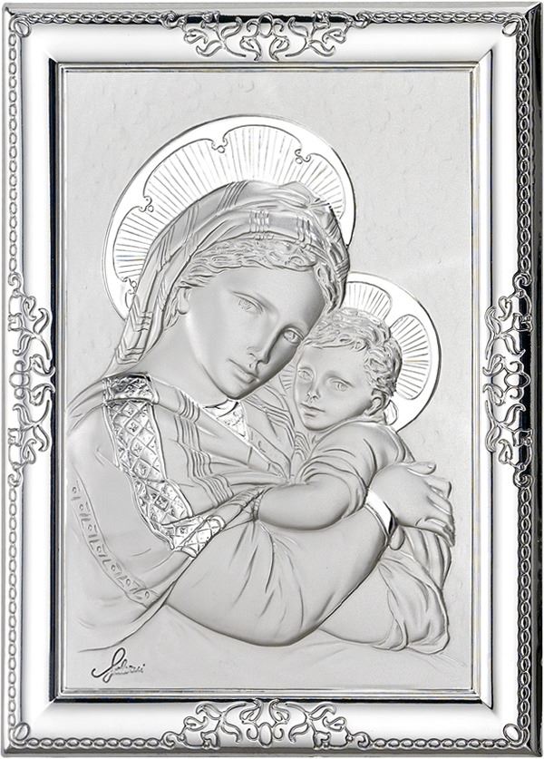 quadro madonna col bambino con lastra in argento 925 - bassorilievo - 12 x 9 cm