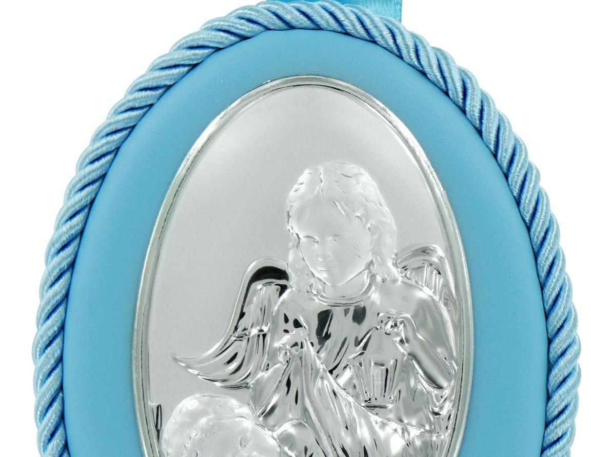 sopraculla in argento 925 raffigurante l'angelo custode (azzurro) 10 x 7 cm