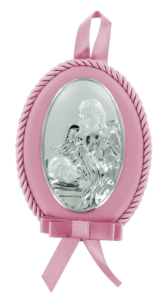 sopraculla in argento 925 raffigurante l'angelo custode (rosa) 10 x 7 cm