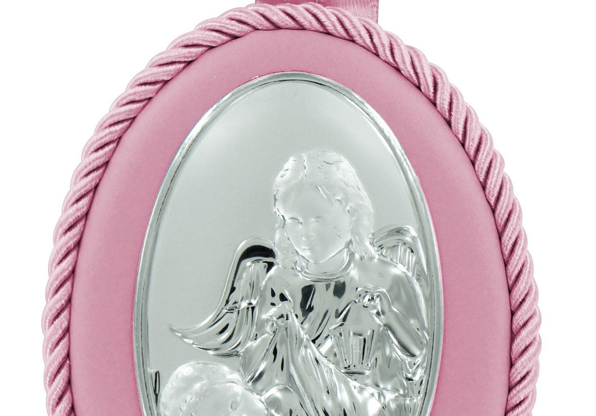 sopraculla in argento 925 raffigurante l'angelo custode (rosa) 10 x 7 cm