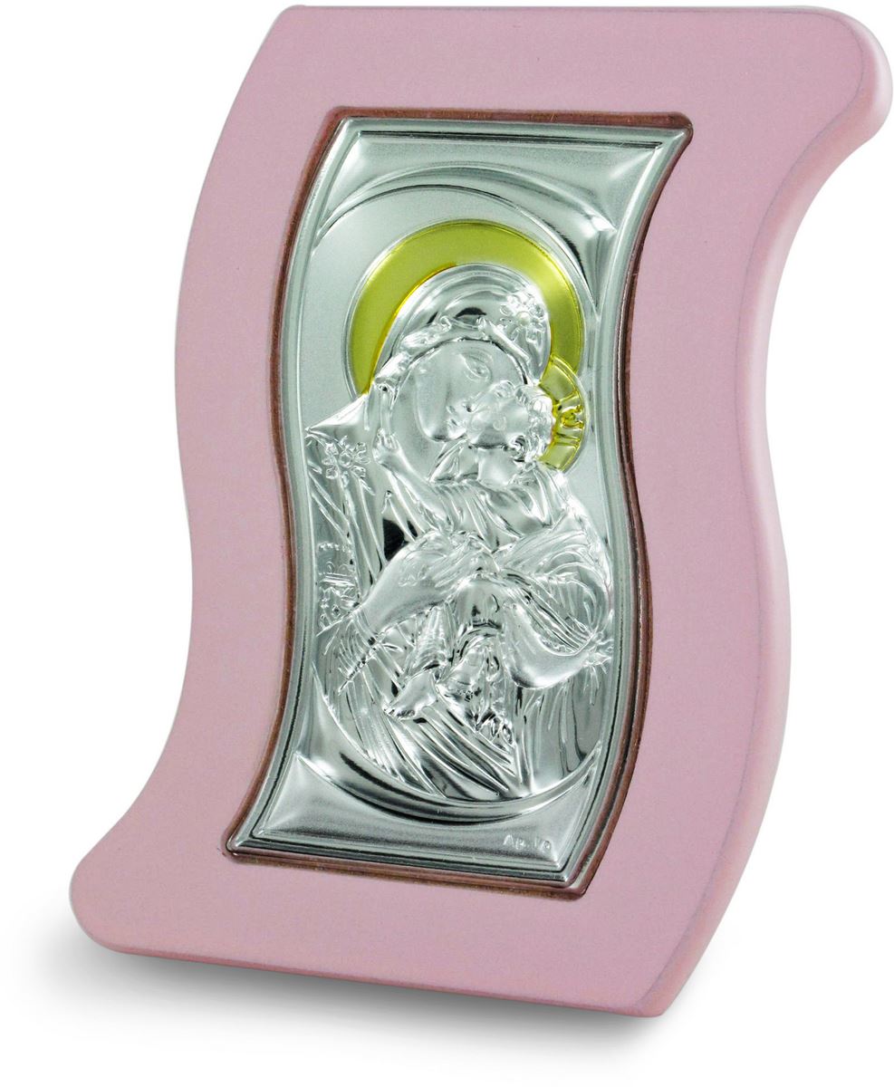 quadretto a forma irregolare di color rosa in argento 925 cm 10,3 x 6 - madonna col bambino