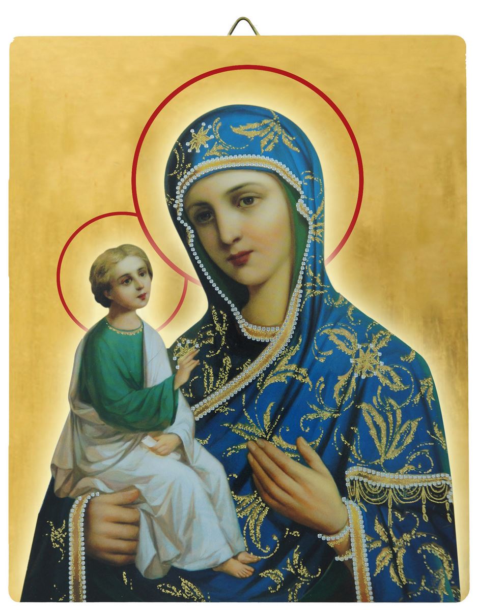 icona madonna manto azzurro dipinta a mano su legno con fondo oro cm 13x16
