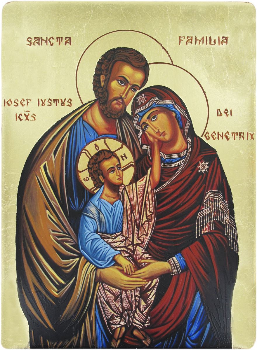 icona sacra famiglia dipinta a mano su legno con fondo oro - 13 x 16 cm