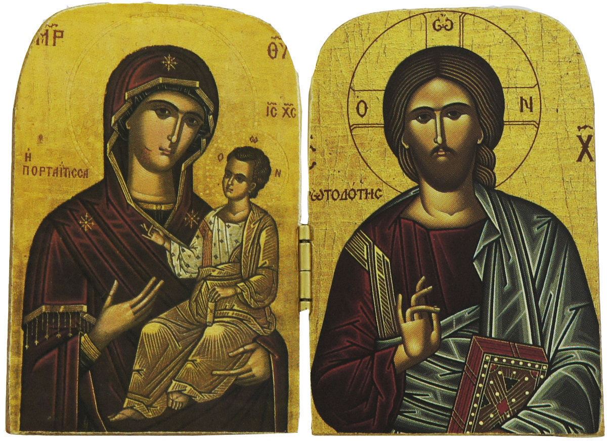 dittico stile icona, cristo pantocratore e madonna con bambino, icona in stile arte bizantina, icona su legno rifinita con aureole, scritte e bordure fatte a mano, produzione greca - 7 x 4,5 cm