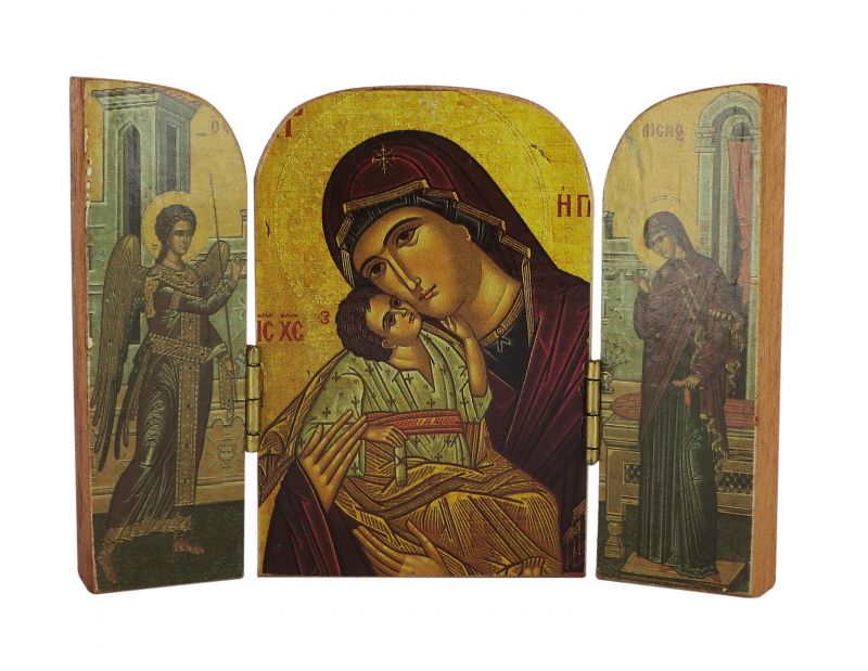 trittico madonna di vladimir, icona in stile arte bizantina, icona su legno rifinita con aureole, scritte e bordure fatte a mano, produzione greca - 10 x 7 cm