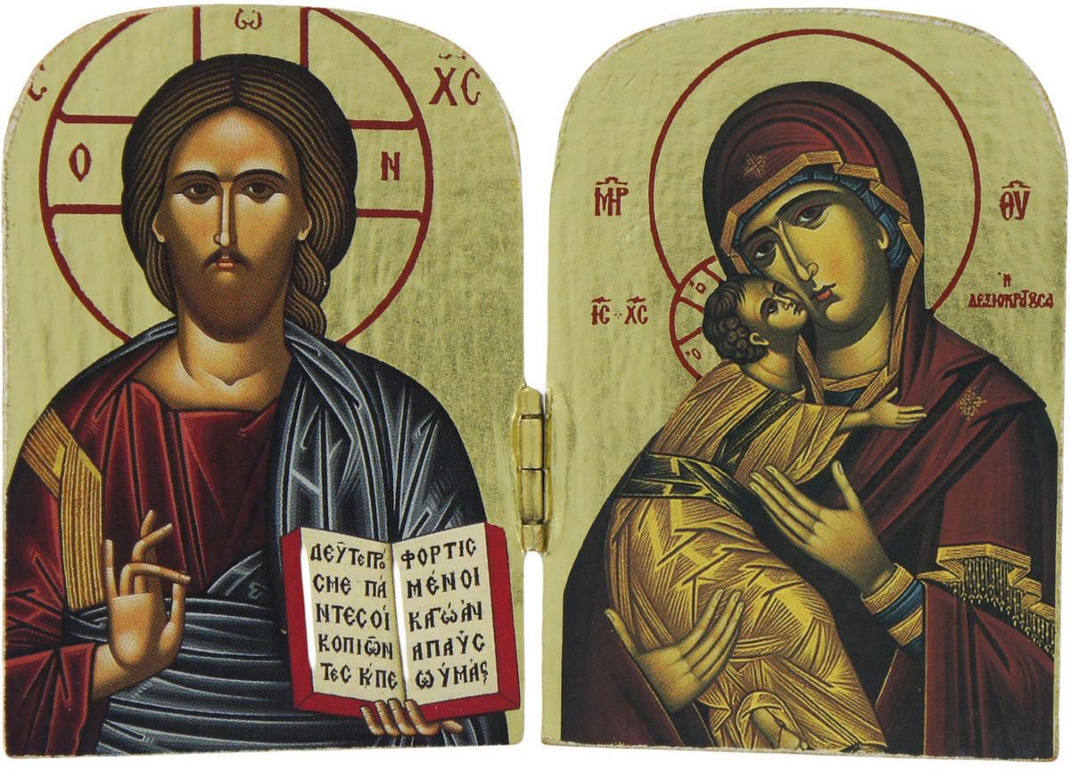 dittico stile icona, cristo pantocratore e madonna di vladimir, icona in stile arte bizantina, icona su legno rifinita con aureole, scritte e bordure fatte a mano, produzione greca - 7 x 4,5 cm