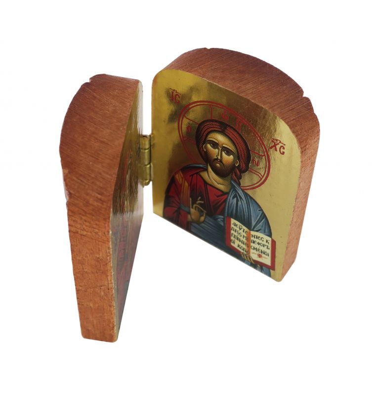 dittico stile icona, cristo pantocratore e madonna di vladimir, icona in stile arte bizantina, icona su legno rifinita con aureole, scritte e bordure fatte a mano, produzione greca - 7 x 4,5 cm