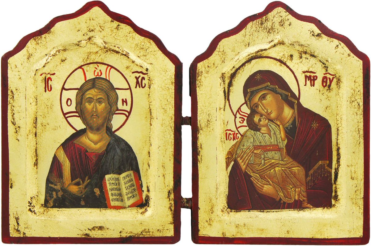 icona dittico cristo pantocratore e madonna di vladimir, icona in stile arte bizantina, icona su legno rifinita con aureole, scritte e bordure fatte a mano, produzione greca - 13,5 x 9 cm