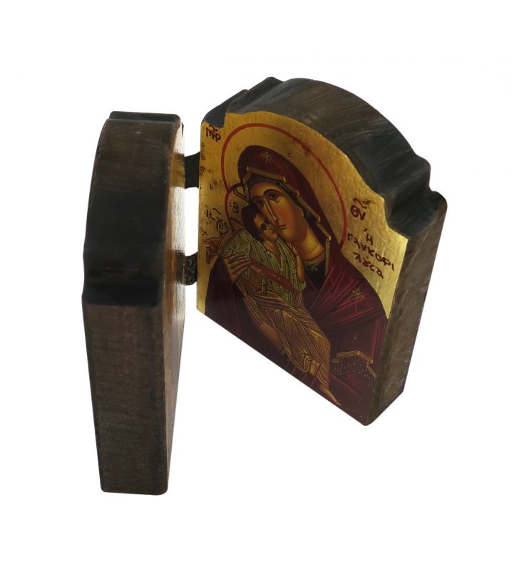 icona dittico cristo pantocratore e madonna di vladimir, icona in stile arte bizantina, icona su legno rifinita con aureole, scritte e bordure fatte a mano, produzione greca - 13,5 x 9 cm