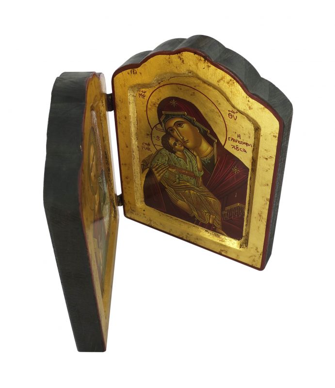 icona dittico cristo pantocratore e madonna di vladimir, icona in stile arte bizantina, icona su legno rifinita con aureole, scritte e bordure fatte a mano, produzione greca - 26,5 x 18 cm