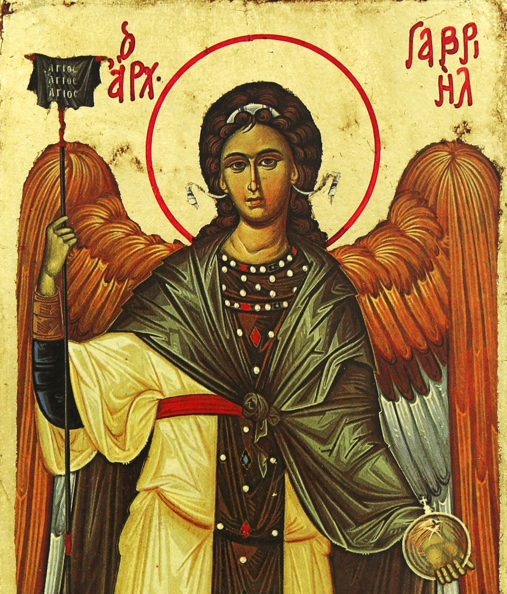 icona san gabriele arcangelo, icona in stile arte bizantina, icona su legno rifinita con aureole, scritte e bordure fatte a mano, produzione greca - 18 x 14 cm