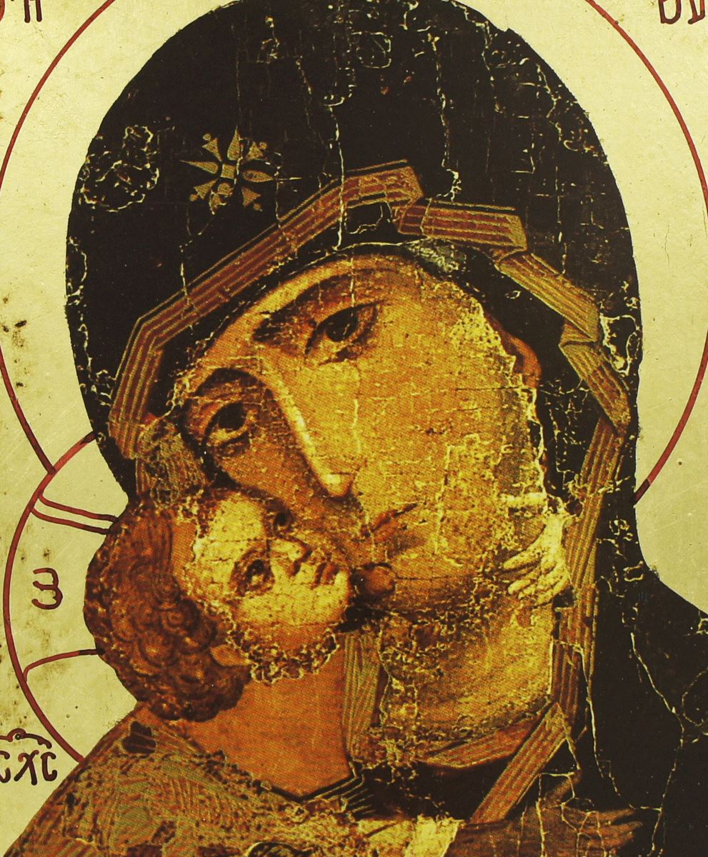 icona volto della tenerezza, madonna di vladimir, icona in stile arte bizantina, icona su legno rifinita con aureole, scritte e bordure fatte a mano, produzione greca - 18,5 x 14 cm