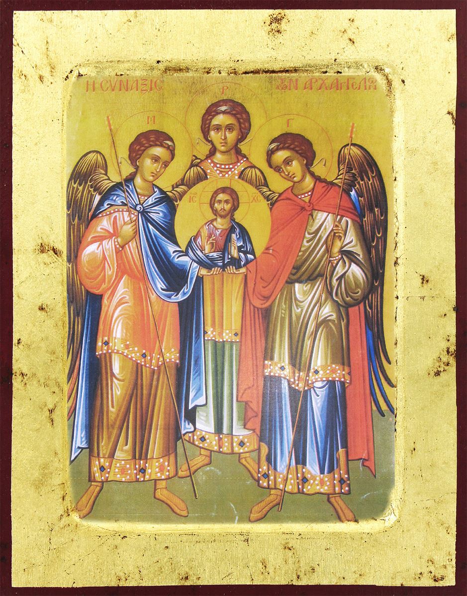 icona tre arcangeli, icona in stile arte bizantina, icona su legno rifinita con aureole, scritte e bordure fatte a mano, produzione greca - 25,5 x 19 cm