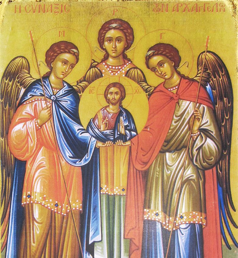 icona tre arcangeli, icona in stile arte bizantina, icona su legno rifinita con aureole, scritte e bordure fatte a mano, produzione greca - 25,5 x 19 cm