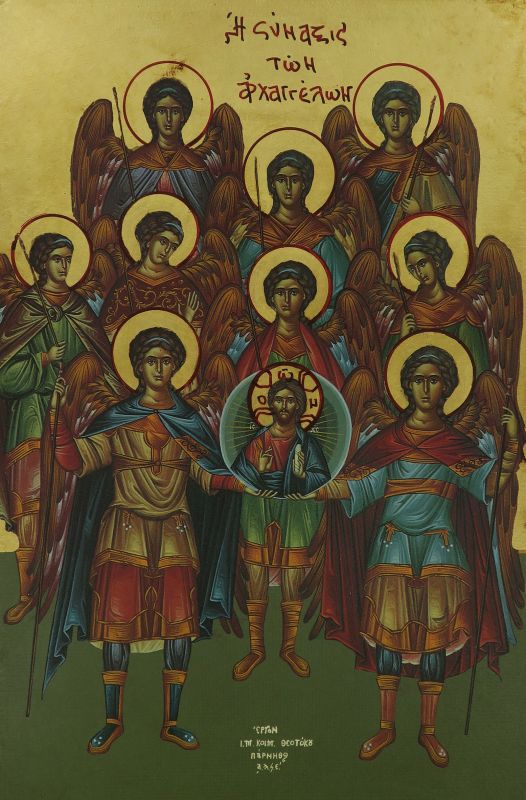 icona schiera celeste, icona in stile arte bizantina, icona su legno rifinita con aureole, scritte e bordure fatte a mano, produzione greca - 25,5 x 19 cm