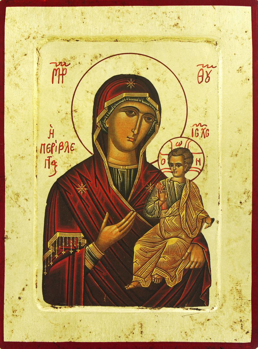 icona madonna con il bambino, icona in stile arte bizantina, icona su legno rifinita con aureole, scritte e bordure fatte a mano, produzione greca - 31,5 x 24 cm