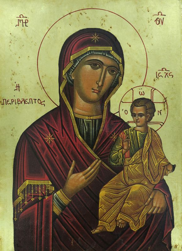 icona madonna con il bambino, icona in stile arte bizantina, icona su legno rifinita con aureole, scritte e bordure fatte a mano, produzione greca - 31,5 x 24 cm