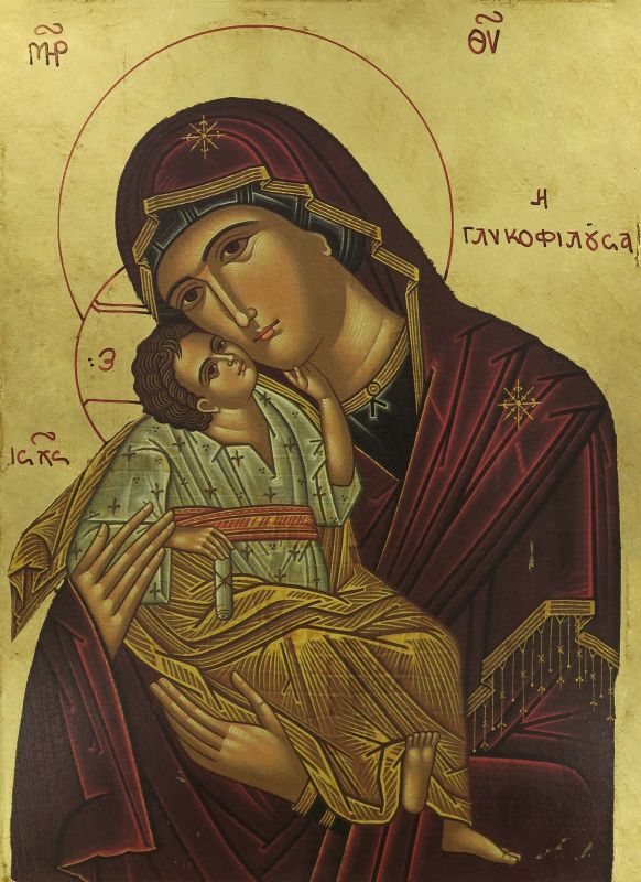 icona madonna della tenerezza, icona in stile arte bizantina, icona su legno rifinita con aureole, scritte e bordure fatte a mano, produzione greca - 31,5 x 24 cm