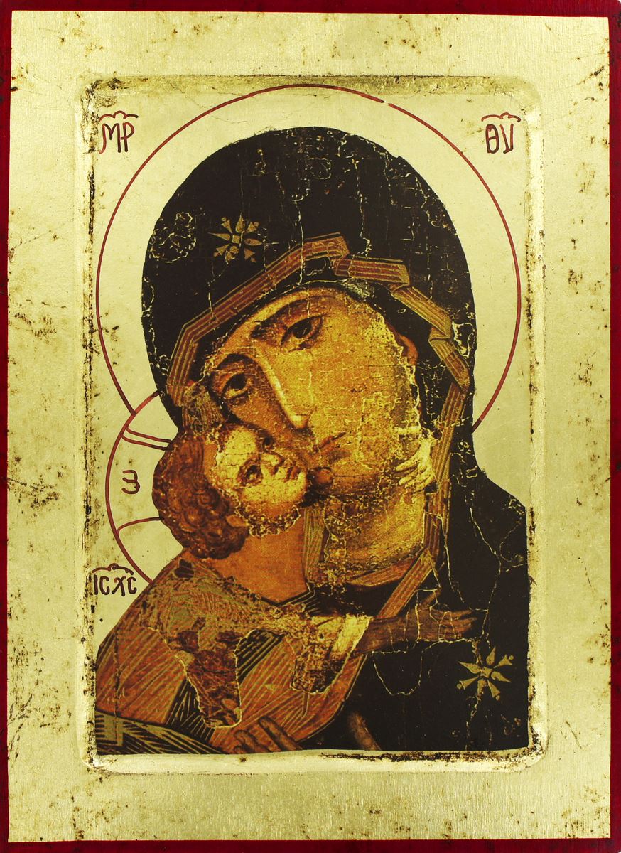 icona volto della tenerezza, madonna di vladimir, icona in stile arte bizantina, icona su legno rifinita con aureole, scritte e bordure fatte a mano, produzione greca - 31,5 x 24,5 cm