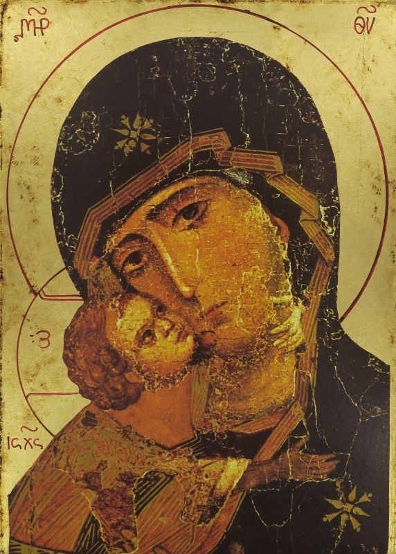 icona volto della tenerezza, madonna di vladimir, icona in stile arte bizantina, icona su legno rifinita con aureole, scritte e bordure fatte a mano, produzione greca - 31,5 x 24,5 cm