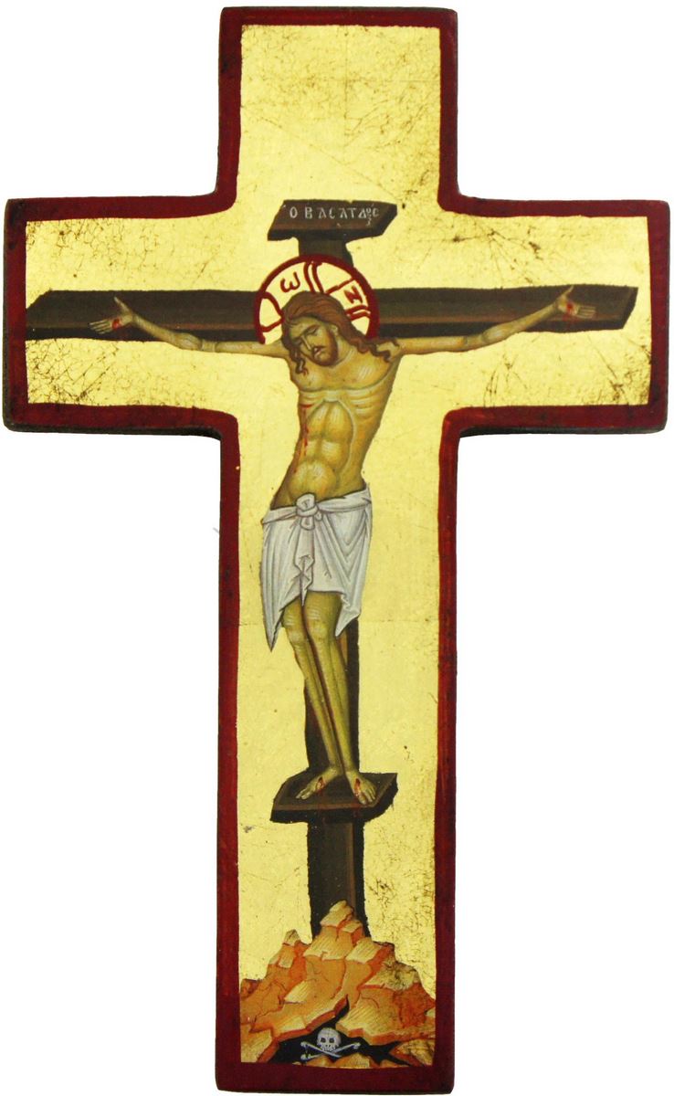 croce icona cristo morente, icona in stile arte bizantina, icona su legno rifinita con aureole, scritte e bordure fatte a mano, produzione greca e sfondo foglia oro - 14,5 x 9,5 cm