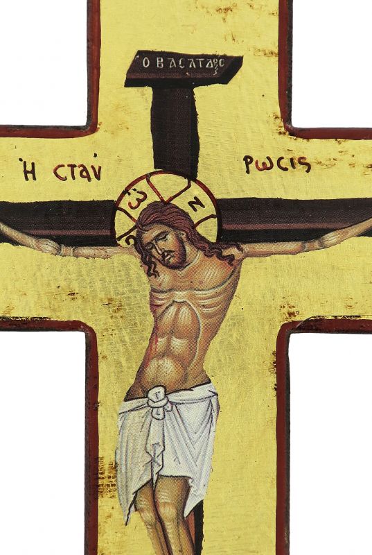 croce icona cristo morente, icona in stile arte bizantina, icona su legno rifinita con aureole, scritte e bordure fatte a mano, produzione greca e sfondo foglia oro - 14,5 x 9,5 cm