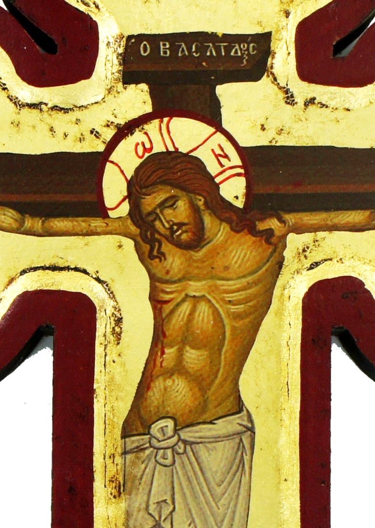 croce icona cristo morente, icona in stile arte bizantina, icona su legno rifinita con aureole, scritte e bordure fatte a mano, produzione greca e sfondo foglia oro - 28 x 21 cm