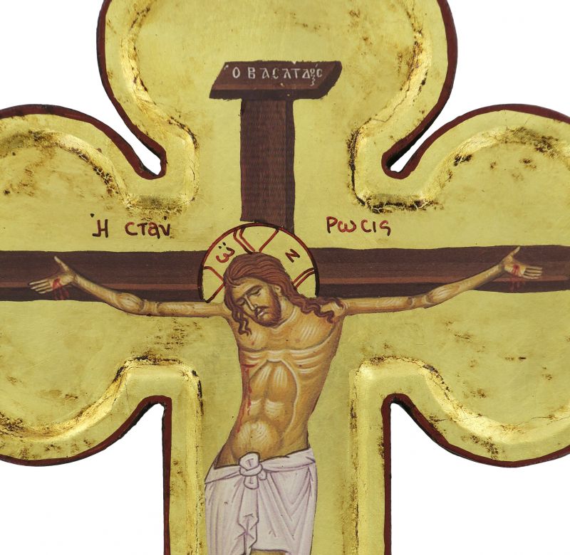 croce icona cristo morente, icona in stile arte bizantina, icona su legno rifinita con aureole, scritte e bordure fatte a mano, produzione greca e sfondo foglia oro - 28 x 21 cm