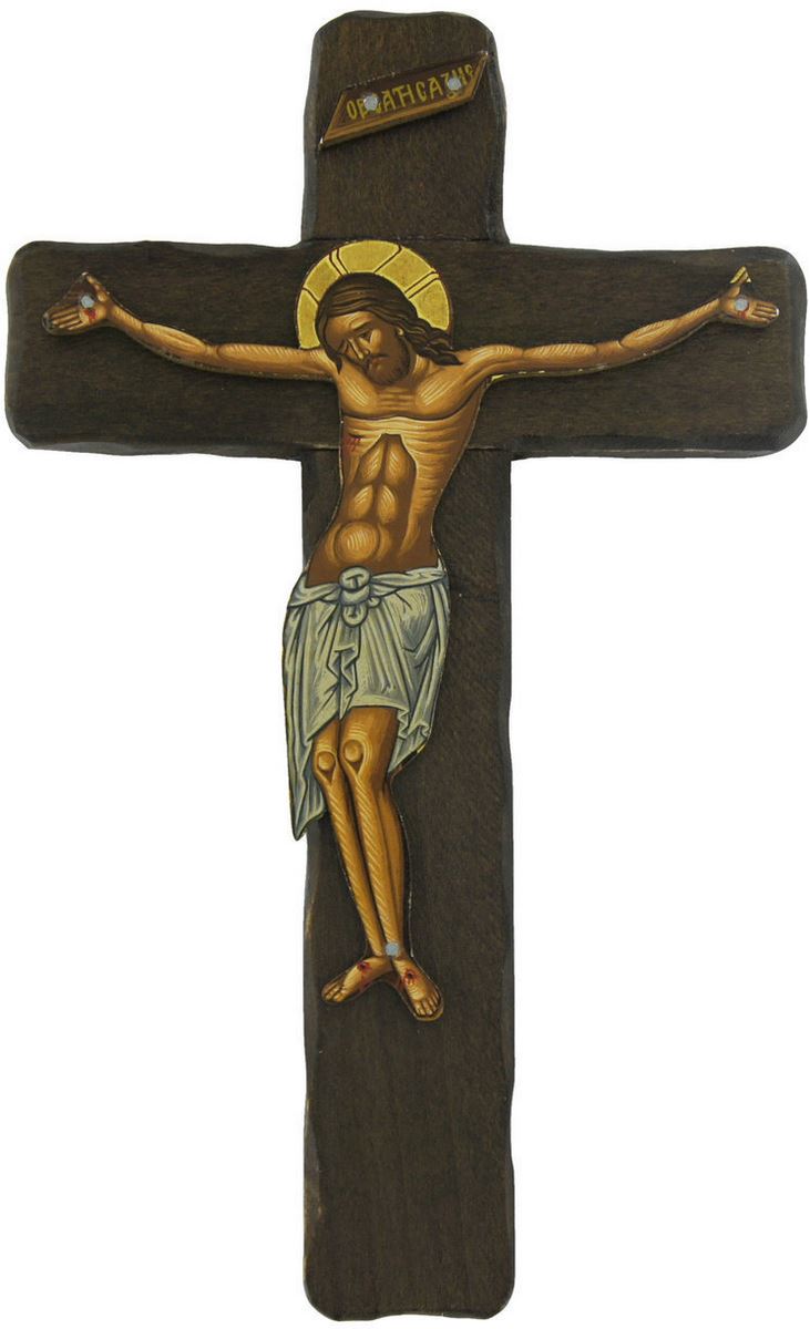 crocifisso cristo morente, icona in stile arte bizantina, icona su legno rifinita con aureole, scritte e bordure fatte a mano, produzione greca - 21,5 x 14 cm