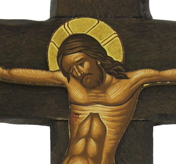 crocifisso cristo morente, icona in stile arte bizantina, icona su legno rifinita con aureole, scritte e bordure fatte a mano, produzione greca - 21,5 x 14 cm