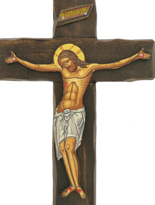 crocifisso cristo morente, icona in stile arte bizantina, icona su legno rifinita con aureole, scritte e bordure fatte a mano, produzione greca - 21,5 x 14 cm
